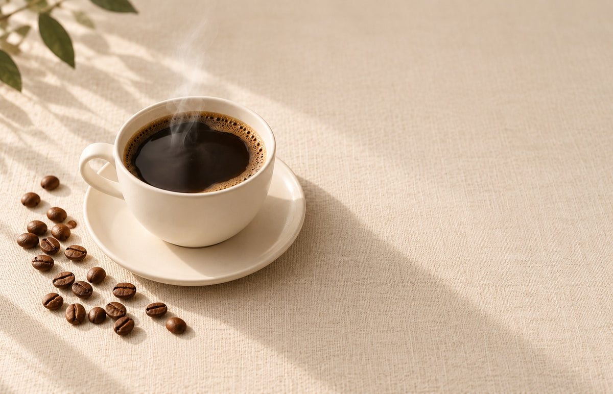 Black mushroom coffee served in a ceramic cup