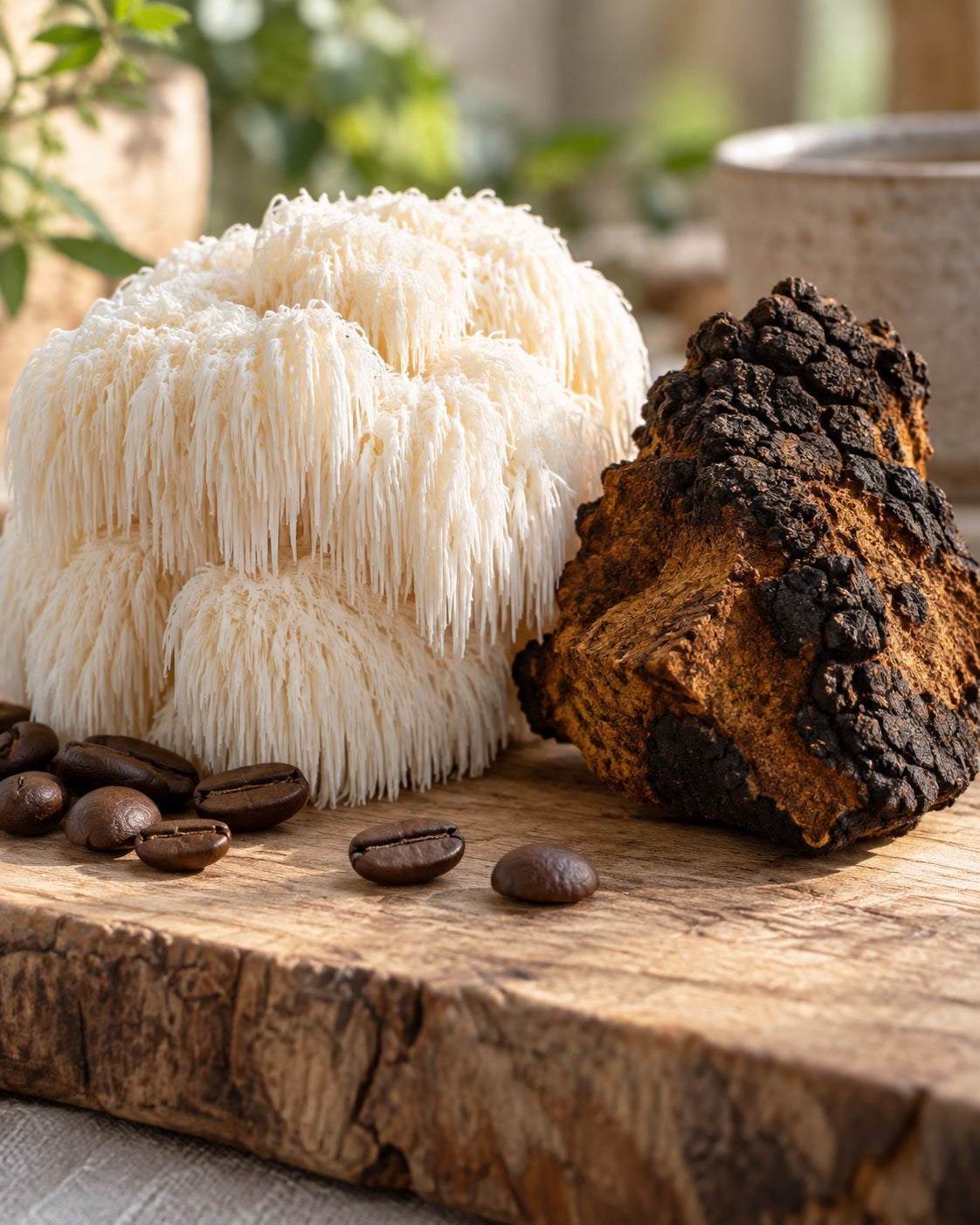 Lion’s mane and chaga mushrooms beside coffee beans