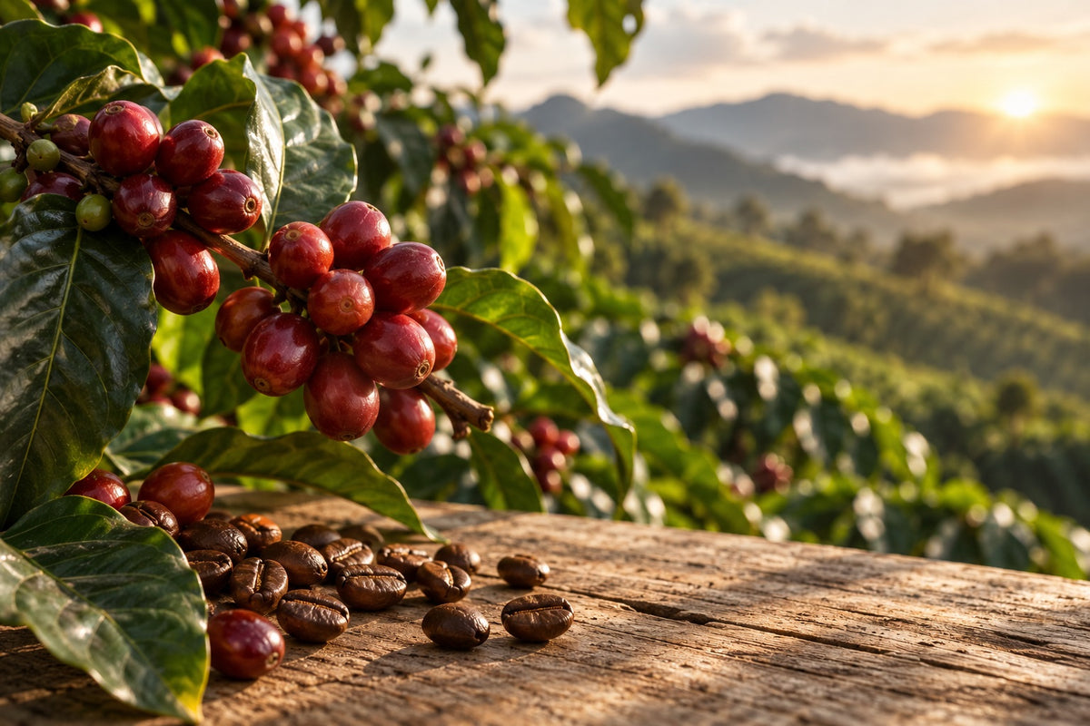 Coffee cherries growing in a mountain coffee region