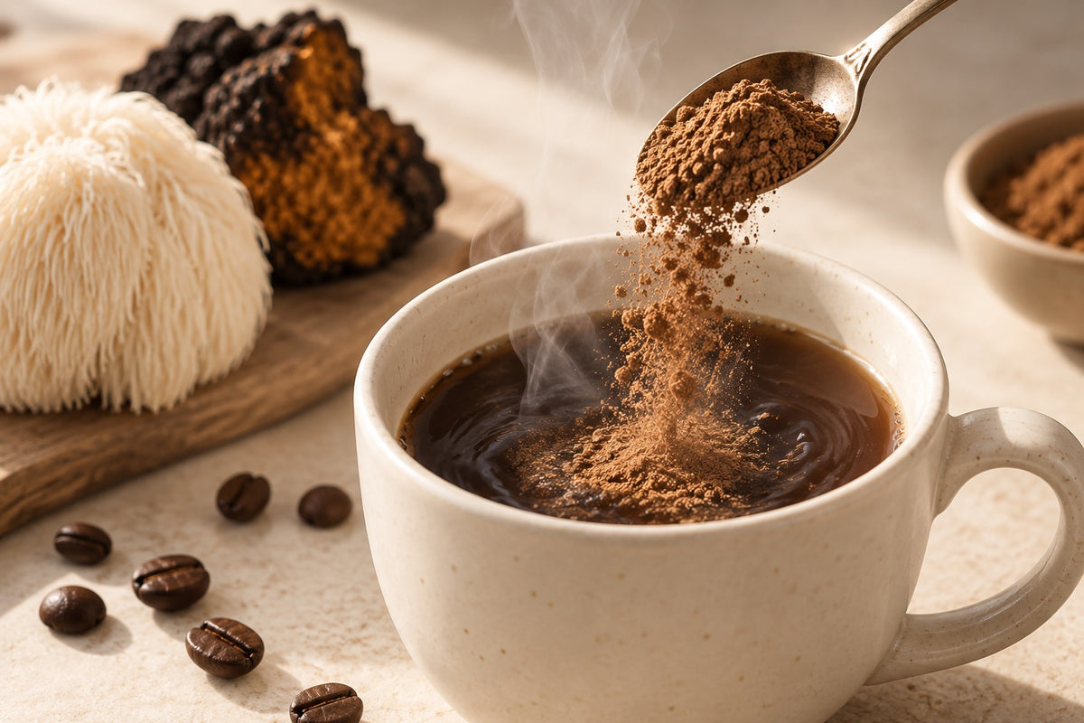 A spoonful of mushroom coffee powder being stirred into hot coffee