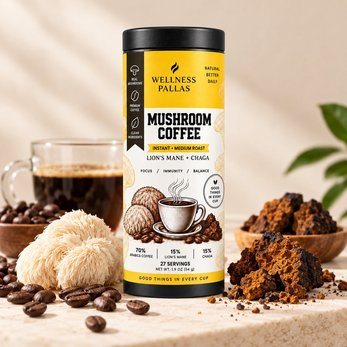 Wellness Pallas Mushroom Coffee jar with coffee and mushrooms