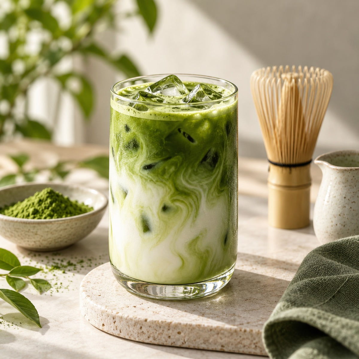 Creamy matcha latte prepared with milk
