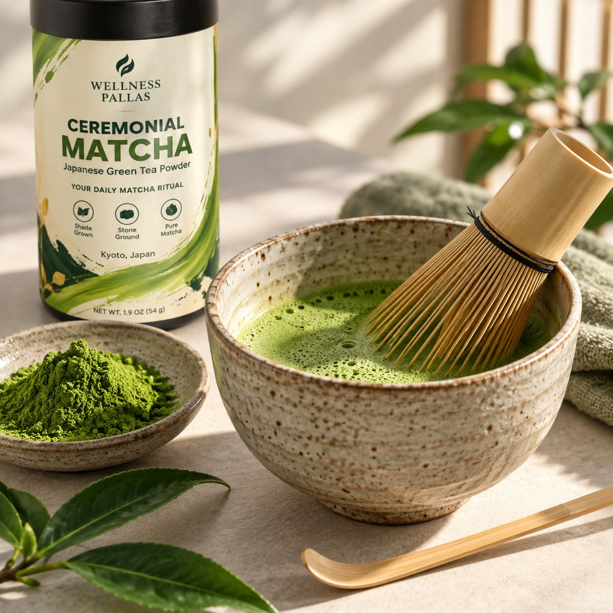 Traditional matcha being whisked in a bowl